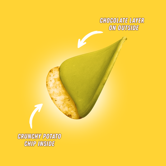 Matcha Chocolate coated potato chip showing crunchy chip inside