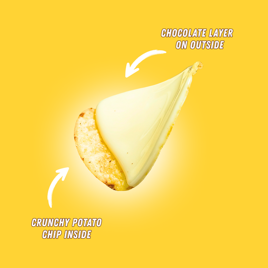 White Chocolate coated potato chip showing crunchy chip inside