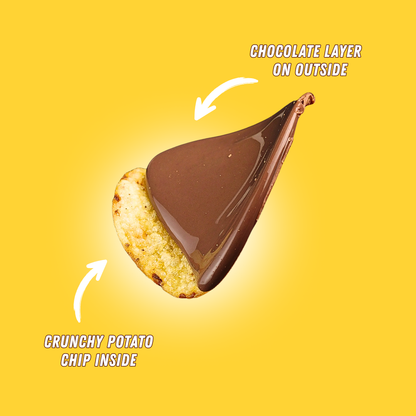 Belgian Chocolate coated potato chip showing crunchy chip inside