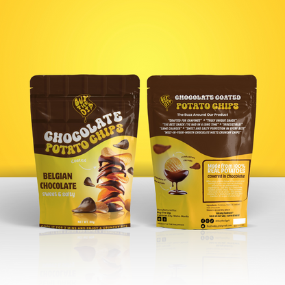 Front and back of Belgian Chocolate Potato Chips – Belgian flavor packaging