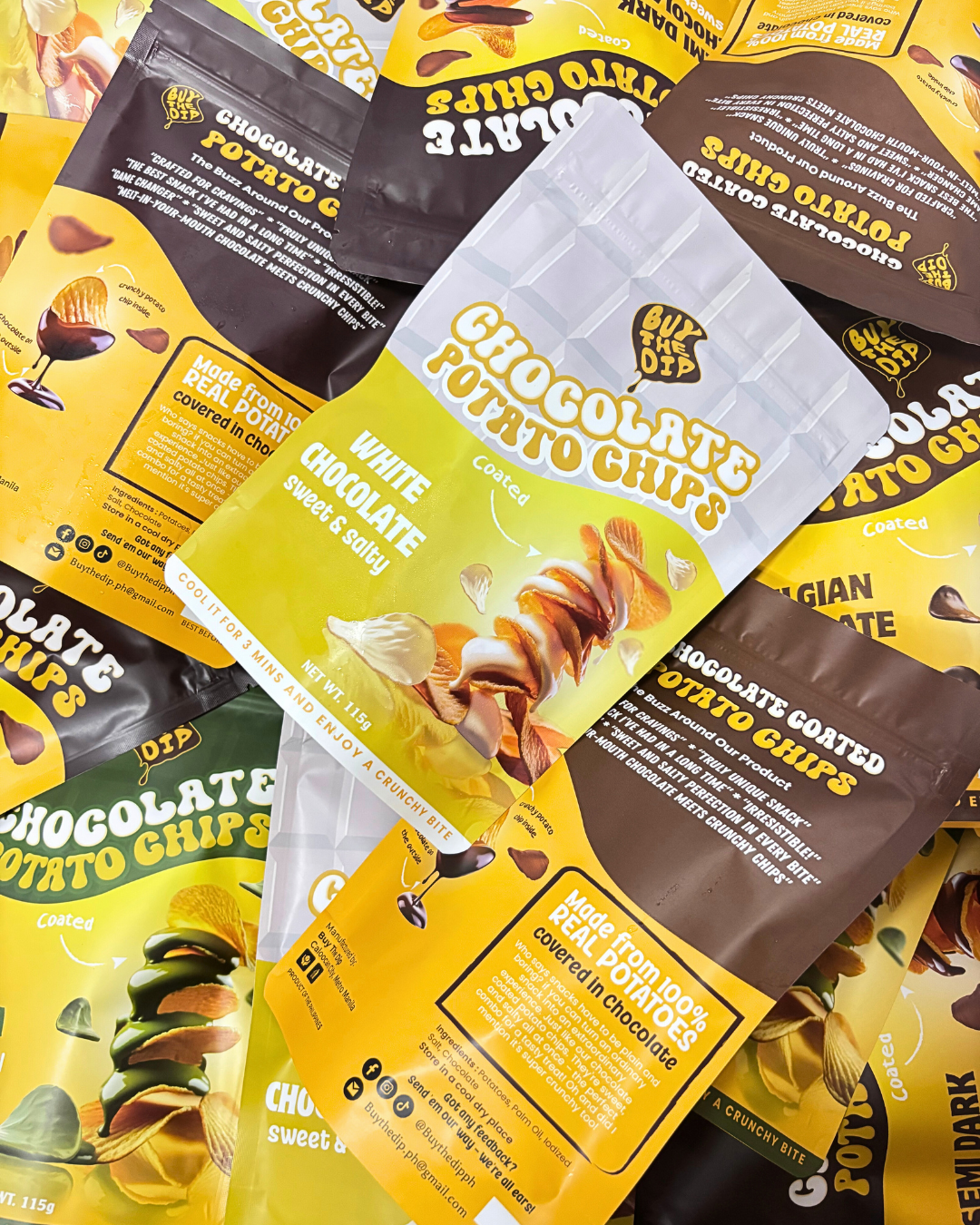 Assorted flavors of chocolate potato chips in pouch packaging flat lay