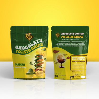 Front and back of Matcha Chocolate Potato Chips – Matcha flavor packaging