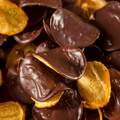 Close-up of semi dark chocolate coated potato chips with glossy chocolate layer