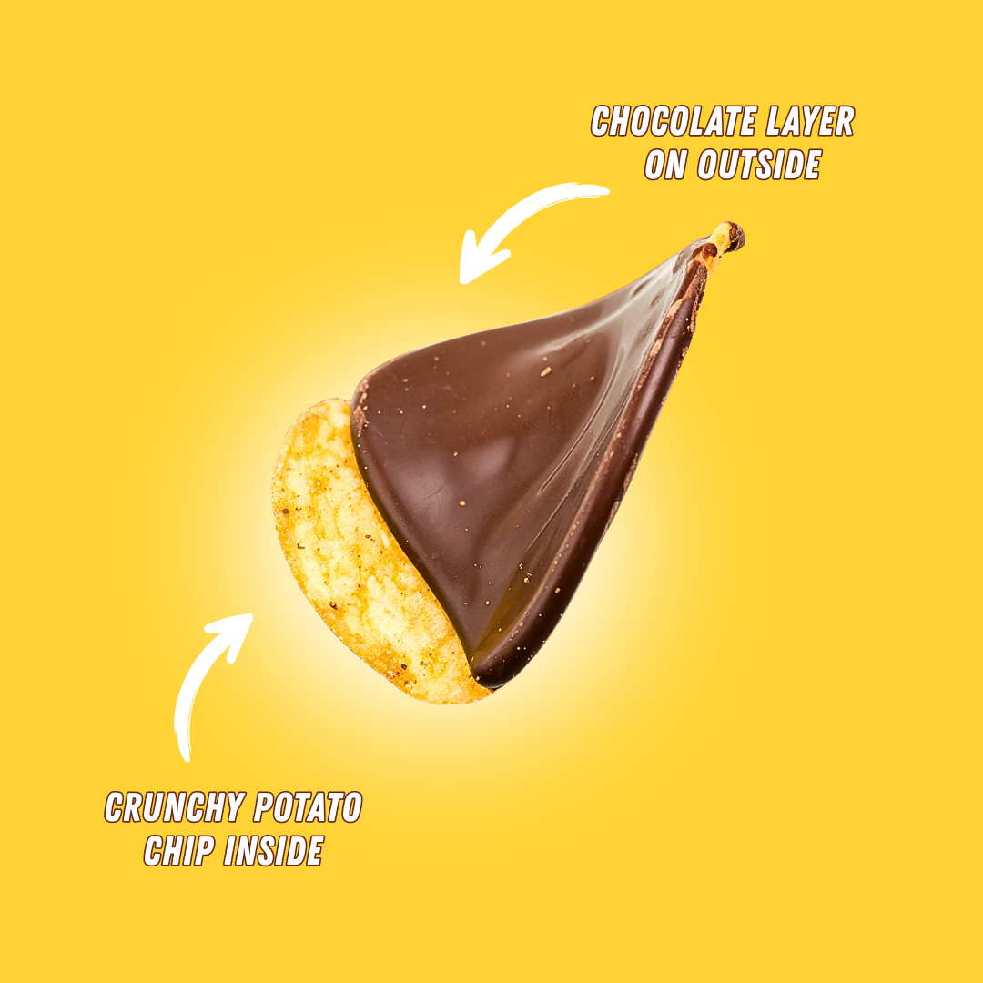 Semi Dark Chocolate coated potato chip showing crunchy chip inside