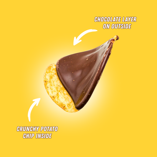 Semi Dark Chocolate coated potato chip showing crunchy chip inside
