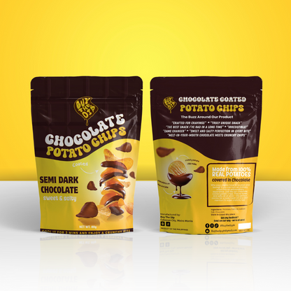 Front and back of Semi Dark Chocolate Potato Chips – Semi Dark flavor packaging