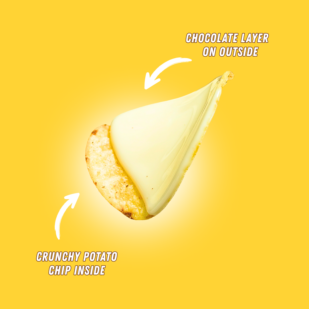 White Chocolate coated potato chip showing crunchy chip inside