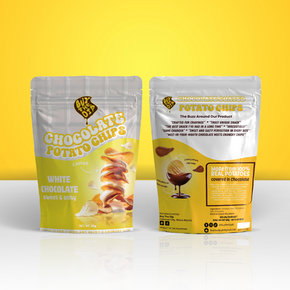 Front and back of White Chocolate Potato Chips – White flavor packaging